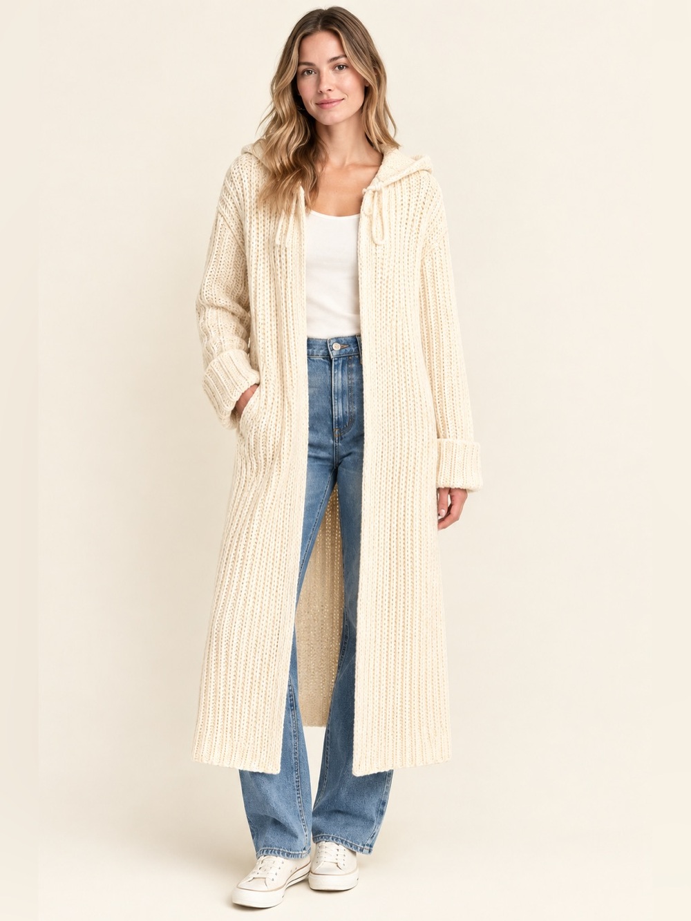 GAP Vintage 2001 Wool Blend Long Hooded Duster Cardigan Sweater Sz S Ivory Y2K